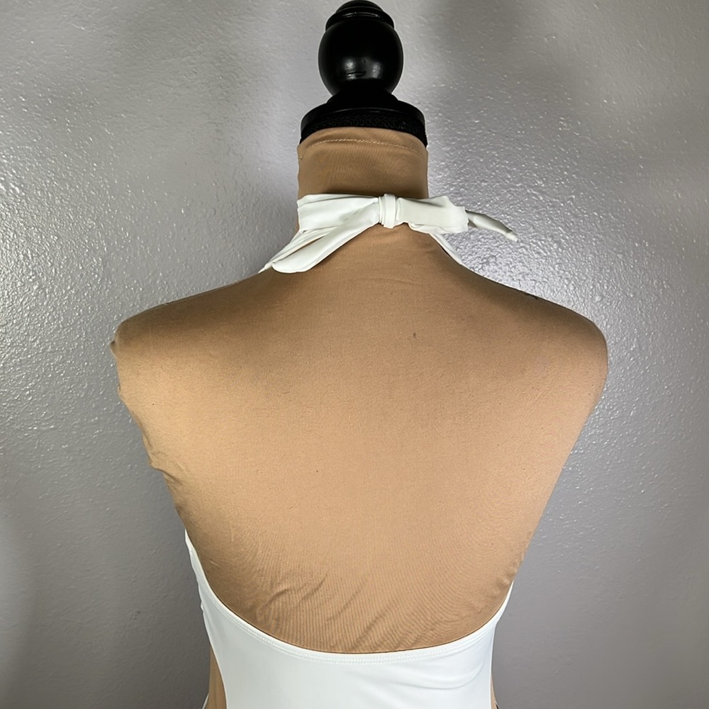 White plunge side cut out o- ring detail sexy glam Y2K one piece swimsuit sz S - Picture 6 of 7